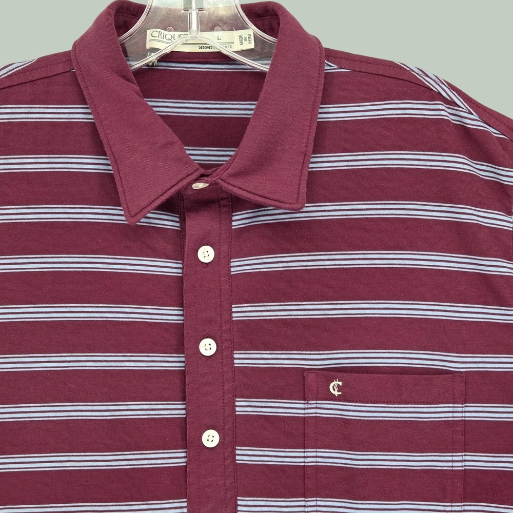 CRIQUET Men Large Short Sleeve Polo Shirt Burgundy Blue Stripe Pima‎ Cotton